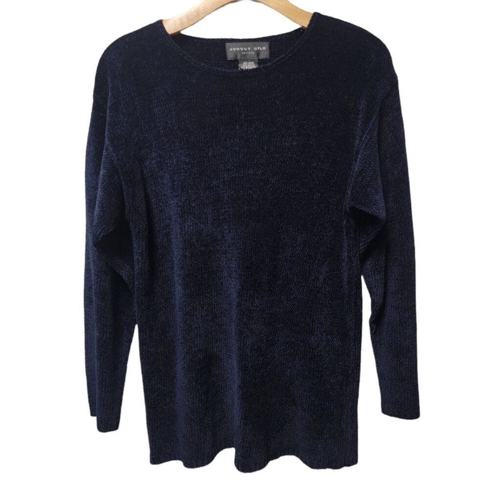August Silk Sweater‎ Knit Dark Navy Long Sleeve Round Neck Womens Size P Petite
